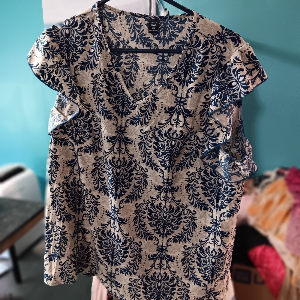 Navy Blue and Cream Patterned Top